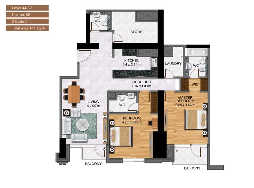 Level-44-62,Unit-no-5-,2-Bedroom-,Size-141-Sq m